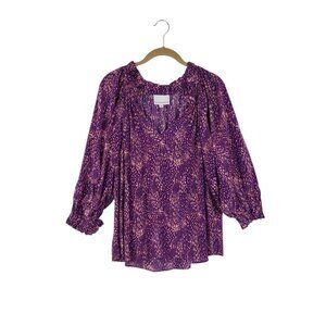 Gilner Farrar Ellie Blouse Half Balloon Sleeve Purple Abstract V-Neck Size M